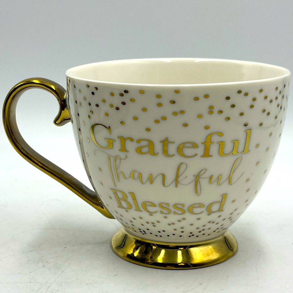 NANETTE LEPORE:”Grateful Thankful Blessed”Gold Trim Porcelain Coffee Mug Tea Cup